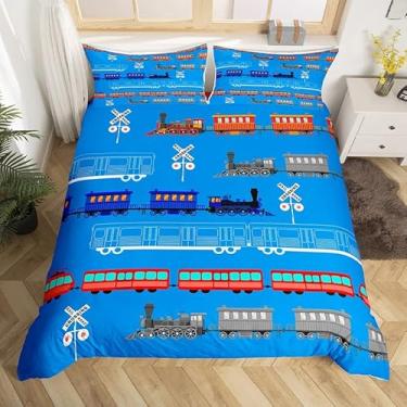 Imagem de Feelyou Jogo de cama de carro com desenho animado para crianças, meninos, meninas, vintage, conjunto de capa de edredom de trem, decoração de quarto, retrô, trem a vapor, placa de luz azul, capa de