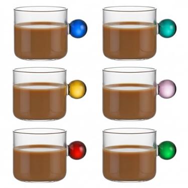 Imagem de Cj 6 Canecas Xícaras Decorativa Vidro Borossilicato Alça Colorida Bolinha Bola 80ml Elegante Café Chá Drink Shot