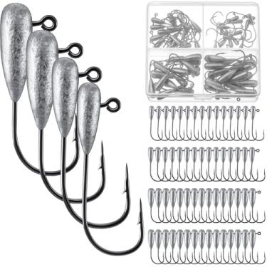 Imagem de Poen Kit de 60 cabeças de tubo para pesca de robalo, ganchos de isca, 1/8 1/16 1/32 3/453.6 g, gancho sem ervas daninhas, cabeça de baixo com caixa de armazenamento de plástico para peixe, iscas de