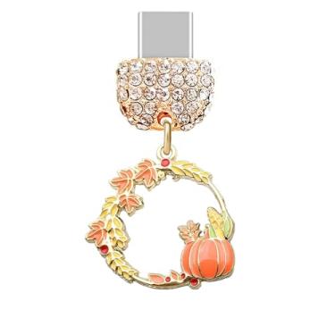 Imagem de ELISE & FONDA TP898 Tipo-C porta de carregamento cristal antipoeira pequena guirlanda de Halloween com folha de bordo de trigo e pingente de celular abóbora para iPhone 15/16/Samsung/OnePlus/Xiaomi