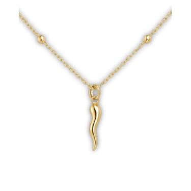 Imagem de Fronay Collection Colar de chifre italiano banhado a ouro 14K – delicado colar de cornicello italiano – corrente de rosário laminado a ouro – 40,6 cm + 3,8 cm – Joia Talismã da Boa Sorte para mulheres