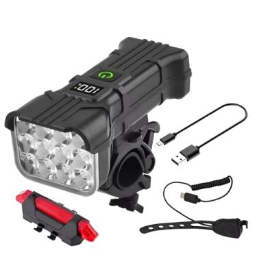 Imagem de JINGYAN Luzes de bicicleta para andar à noite com conjunto de luzes traseiras, farol de bicicleta recarregável USB-C de 130 dB, visor LCD, 5 modos à prova d'água para ciclismo de estrada/montanha