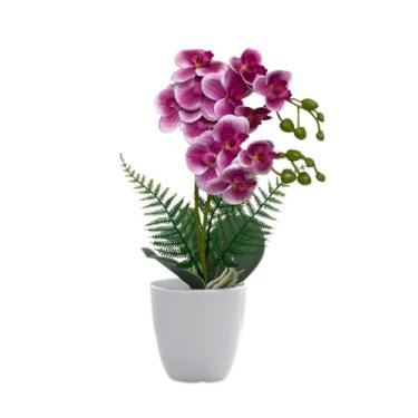 Imagem de Plantas Artificiais Decorativas, Arranjo De Orquídea Artificial Toque Natural Luxo Decoração(Lilás Vaso Redondo)