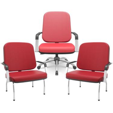 Imagem de Kit Cadeira de Escritório Giratória e 2 Cadeiras Fixas Cromada Magno P03 Vinil Vermelho - Lyam Decor