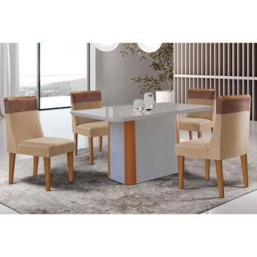 Imagem de Conjunto Sala de Jantar Pietá c/ Tampo Madeirado c/ Vidro Canto Curvo 120x80cm e 4 Cadeiras Jaspe Madeira Maciça Naturale/Off White - Capuccino/Linho 