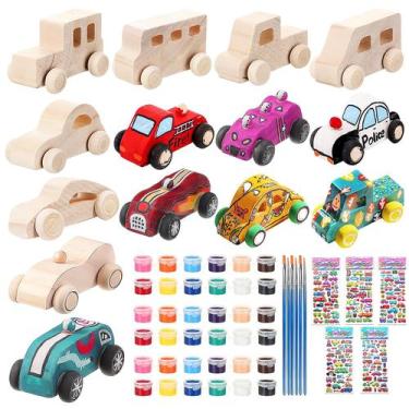Imagem de Carros de madeira WOWOSS para pintar para estudantes com tinta e adesi