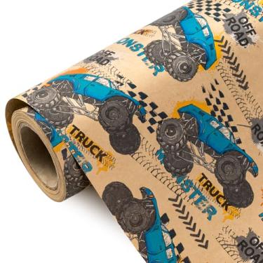 Imagem de WRAPAHOLIC Rolo de papel de embrulho Kraft Monster Truck – Mini rolo – 43 cm x 40 cm – Papel de embrulho de carro de corrida Monster Truck, perfeito para crianças, meninos, aniversários, festas de