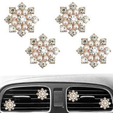Imagem de 4 peças de clipes de ventilação de flores brilhantes fofos, purificadores de ar, difusor com pingente de decoração de interiores de strass, acessórios de decoração de diamante para mulheres e meninas