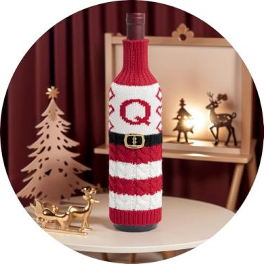 Imagem de Suéter de Natal para garrafa de vinho com letra A – Z, garrafas de manga de malha, decoração de mesa, reutilizável, roupa de garrafa estilo Papai Noel