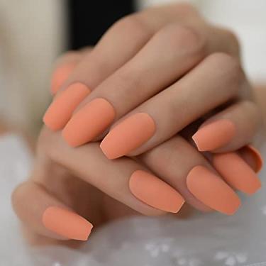 Imagem de Generic Kit de unhas postiças de acrílico 1 caixa, design de arte de unha fosco médio laranja caixão, inclui unhas postiças de acrílico, minila, adesivo de unha, bastão de cutícula