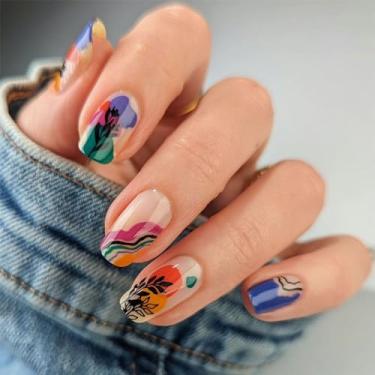 Imagem de Kit de unhas quadradas curtas médias brilhantes com design de graffiti colorido cola em gel para mulheres acrílico falso bastão em unhas decorações de manicure para casamento, 24 peças