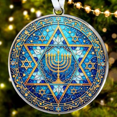 Imagem de HEXMOZ Ornamento de Hanukkah, design de menorá azul e dourado, acrílico oval, decoração de árvore de férias interna com cordão para pendurar, padrão de estrela de Davi, 10 cm