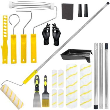 Imagem de Kit de rolo de pintura de 14 peças com haste de extensão, rolo de pintura de 10 cm e 23 cm com bandeja de tinta, pincéis para parede, kit de pintura para interiores de casa