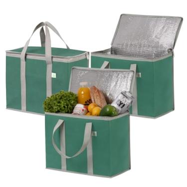 Imagem de VENO Pacote com 3 sacos térmicos e sacos de supermercado isolados para entrega de comida, refrigerador dobrável, sacolas de compras reutilizáveis para mantimentos com zíper, dobrável, resistente, fica