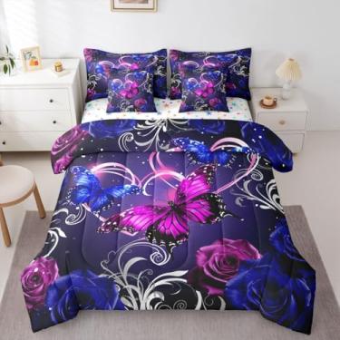 Imagem de Feelyou Conjunto de edredom fofo de borboleta com 7 peças, cama casal com borboletas 3D em uma bolsa, para crianças, meninos, meninas, galáxia, sonhador, com glitter, rosa, microfibra floral