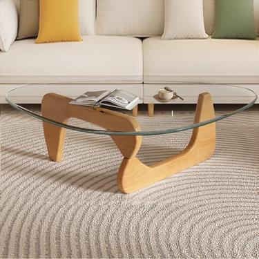 Imagem de Mesa de centro de vidro moderna de meados do século, pequena mesa de centro para sala de estar, mesas de café elegantes e funcionais, adequada para quarto, sala de estar, recepção, escritório (madeira