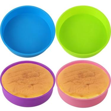Imagem de Chewtoyo Conjunto de 4 assadeiras redondas, moldes de silicone de 20 cm para bolo, reutilizáveis, antiaderentes e seguros para congelador, conjunto de silicone macio