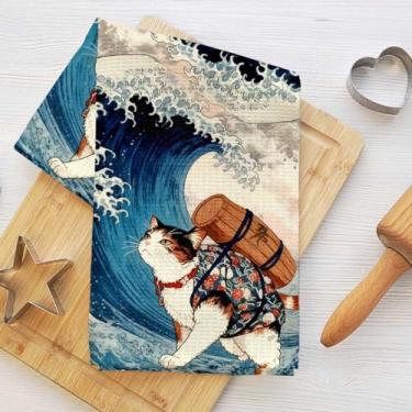 Imagem de Toalhas de cozinha fofas de gato e ondas, toalha de prato decorativa de microfibra absorvente estilo japonês, toalhas de chá de waffle para cozinha, casa, banheiro, presentes para amantes de gatos