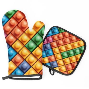 Imagem de Luvas de forno antiderrapantes para cozinha, luvas de forno resistentes ao calor e conjuntos de suportes de panela para cozinhar, churrasco, assar, decoração de cozinha, blocos de construção