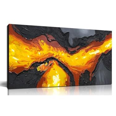 Imagem de GUGIKA Arte de parede abstrata em tela de fluxo de lava para sala de estar, decoração de parede preta e dourada para quarto, pinturas de paisagem vulcânica texturizadas modernas para corredor de