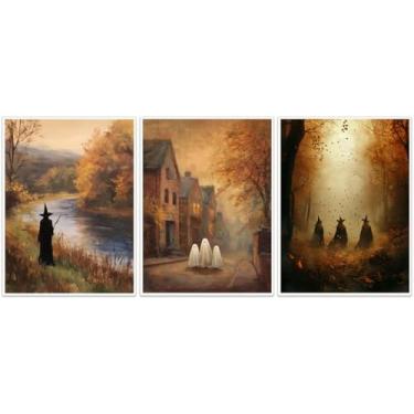 Imagem de Witch and Ghost Conjunto de 3 arte de parede de Halloween - Floresta assustadora de outono e cidade assombrada impressões em tela para estética gótica Witchcore ou decoração de sala de estar de outono