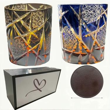 Imagem de suigetsu Copo de uísque com corte de cristal, padrão geométrico azul e âmbar, conjunto de 2 copos antiquados estilo vintage (noite estrelada 2)