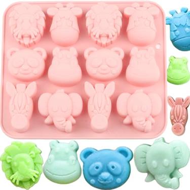 Imagem de 12 moldes de chocolate de silicone animal com cavidades leão, vaca, panda, girafa, elefante, para chocolate doce