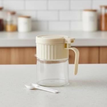 Imagem de Porta Condimentos de Vidro com Colher Dosadora, Transparente com Tampa Bege, 280ml, 11cm x 7.5cm, Hermético para Temperos e Especiarias