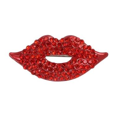 Imagem de Dreuyet Broche de lábios vermelhos sexy para mulheres strass cristal gestos silenciosos broches elegantes beijo boca lapela alfinetes roupas acessórios vestido joias presente amante, Middle, Liga de