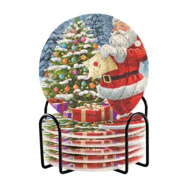 Imagem de GakkiGii Conjunto de 6 porta-copos redondos absorventes de Natal Papai Noel com suporte, porta-copos de tecido para mesa de centro, bar, decoração de cozinha