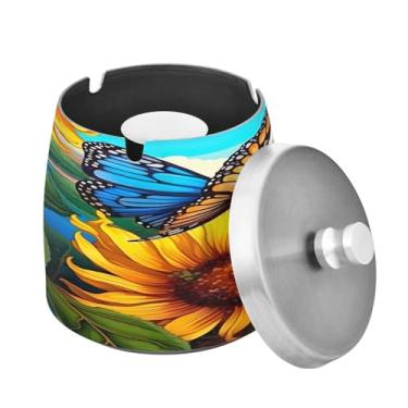 Imagem de Blueangle Cinzeiro de borboleta de girassol com tampa para cigarros, à prova de vento/chuva, aço inoxidável, sem fumaça, inodoro, cinzeiro para uso interno ou externo (430)