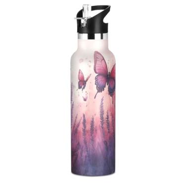 Imagem de ATTX Garrafa de água de campo lavanda com borboletas com tampa de palha, copo de aço inoxidável de 590 ml, copo isolado para viagens, ao ar livre #105