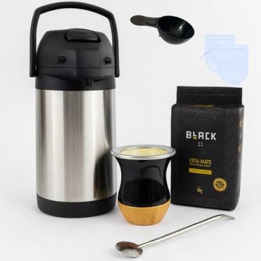 Imagem de Kit Chimarrão com Erva 1Kg Garrafa Térmica 2,5L Inox Cuia Preta Imitaç
