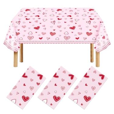 Imagem de NOVWANG 3 toalhas de mesa para dia dos namorados, 274 cm x 137 cm, toalha de mesa vermelha e rosa, capa de mesa descartável em tecido PE para decorações de dia dos namorados, festa, casamento