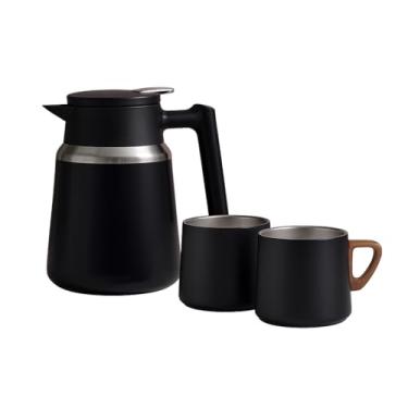 Imagem de Garrafa Térmica Inox com 2 Xícaras, 1000ml, Aço Inoxidável 304/201, Alça de Madeira, Base Antiderrapante, Kit para Café e Chá - Preta