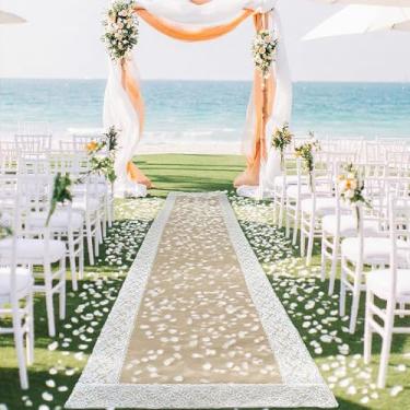 Imagem de maytopia Corredor de corredor de serapilheira natural para cerimônia de casamento, corredor de casamento de 0,9 m x 6 m com renda, juta rústica de serapilheira para decoração de casamento em ambientes