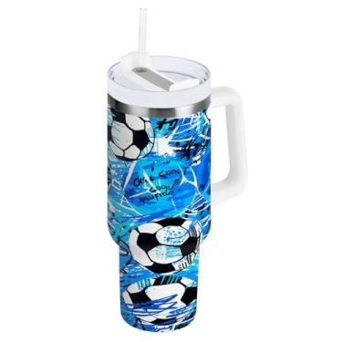 Imagem de STAYTOP Copo de futebol colorido de 1,134 g com tampa e canudo, copo isolado de aço inoxidável durável à prova de vazamento com alça, garrafas de água à prova de derramamento para viagens