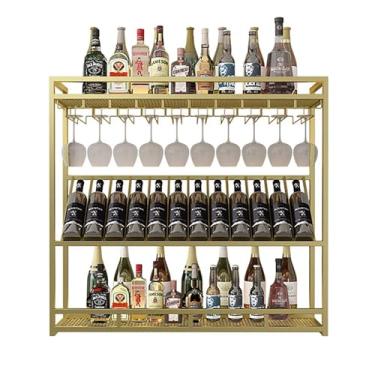 Imagem de GKPSSURV Rack de vinho de metal montado na parede com luz LED, prateleira de vinho com suporte de taça de vinho, prateleiras de vinho de parede flutuante, prateleira de exibição de garrafa de licor