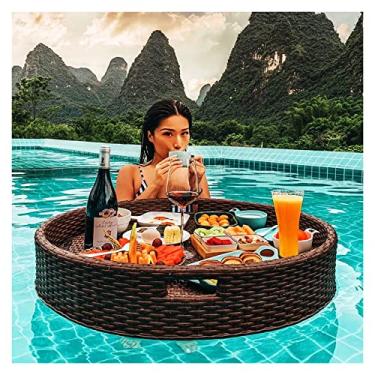 Imagem de Bandeja de servir flutuante mesa de piscina, bandeja de piscina flutuante portátil, bandeja de servir flutuante, bandeja de café da manhã elegante na água, piscina de tecido de vime (cor: marrom