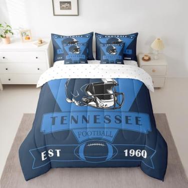 Imagem de Feelyou Conjunto de edredom americano da cidade do Tennessee com lençóis, jogo de cama solteiro de 7 peças, presente para fãs de futebol americano, cama em uma bolsa, conjunto de cama azul