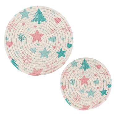 Imagem de Wassud Conjunto de trivet de decoração de Natal para pratos quentes, suportes redondos de algodão, almofadas quentes, porta-copos elegantes, decoração de cozinha e acessórios, 2 peças