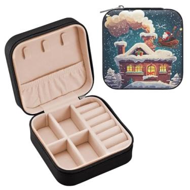Imagem de Wassud Ilustração temática de Natal (2) estojo de joias de viagem para mulheres, meninas, senhoras, noiva, mini organizador de joias de couro PU, caixa quadrada de armazenamento de joias para brincos