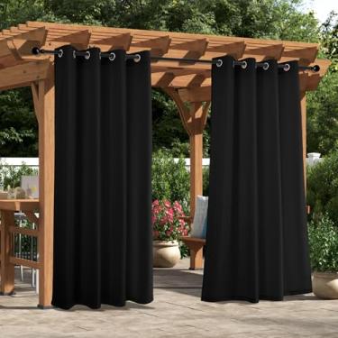 Imagem de Comfonew Cortinas externas para pátio – 4 painéis à prova d'água com ilhós, cortina externa texturizada cinza para gazebo, varanda, pérgola, cabana, deck, marquise, 130 cm L x 213 cm C, preta