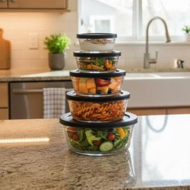 Imagem de Kit 5 Potes de Vidro com Tampa Redondos – Tigelas de Vidro para Armazenar Alimentos - Potes Organizadores de Geladeira e Armário - Organizador de Alimentos - Qualidade Premium - UpShop (Preto)