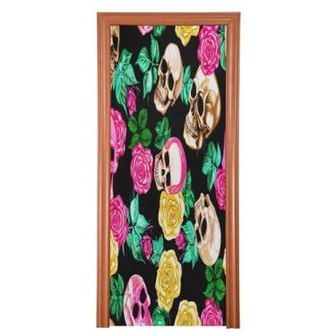 Imagem de Qilmy Decoração de capa de porta 89 x 200 cm tecido grande placa de decoração de festa de Halloween para porta da frente Halloween crânio varanda decoração externa janela parede 795