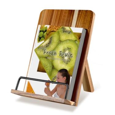 Imagem de Suporte de livro de culinária para balcão de cozinha, suporte de livro de receitas de madeira de acácia para cozinhar convenientemente, melhora qualquer decoração de cozinha