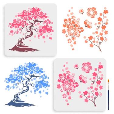 Imagem de MAYJOYDIY 2 peças de estêncil de flores de cerejeira 20 × 29 cm, grande estêncil de Sakura florescendo com pincel de tinta, quadrado, modelo de desenho em estilo japonês para paredes de madeira,