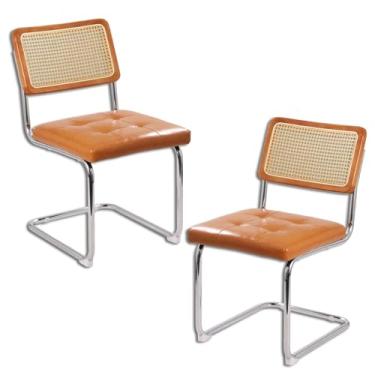 Imagem de Japard Conjunto de 2 cadeiras laterais modernas de jantar de meados do século, cadeira de vime com detalhes de cozinha, sem braços com pernas cromadas de metal para quarto, sala de estar, marrom