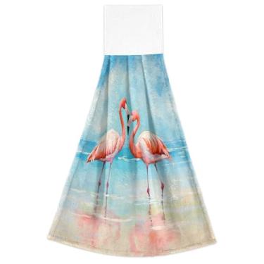 Imagem de Flamingos Toalhas de cozinha aquarela de praia com laço para pendurar toalha de forno ultra absorvente moderna decoração de cozinha conjunto de 2, 45 x 35 centímetros
