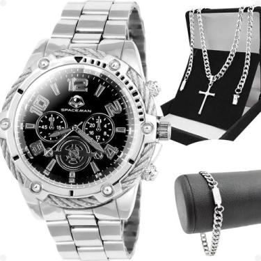 Imagem de Kit Masculino Completo Relógio Analógico Prata Aço Inox com Corrente G